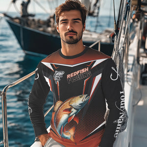 Black and Orange Redfish Long Sleeve Fishing Shirt, Personalized Red Drum Fishing Tounament Jersey NQS9774