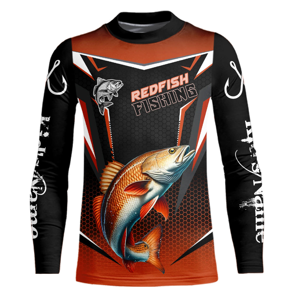 Black and Orange Redfish Long Sleeve Fishing Shirt, Personalized Red Drum Fishing Tounament Jersey NQS9774