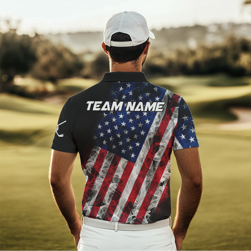 Smoke American Flag Black Golf Polo shirt for men Custom patriotic Team golf uniform jersey NQS9780