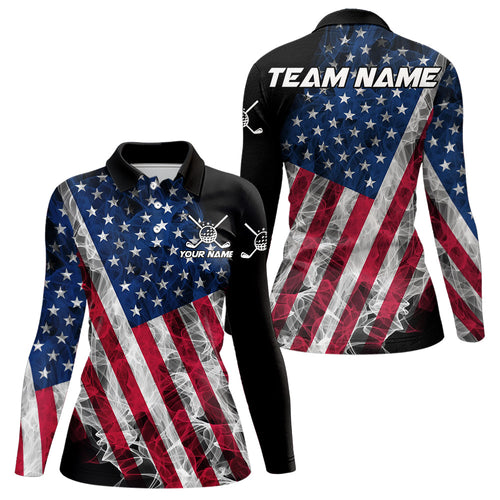 Smoke American Flag Black Golf Polo shirt for Women Custom patriotic Team golf uniform jersey NQS9780