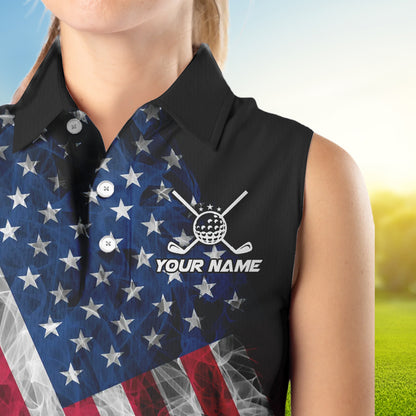 Smoke American Flag Black Women Sleeveless Golf Polo shirt Custom patriotic Team golf uniform jersey NQS9780