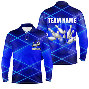 Mens bowling polo, 1/4 zip shirt Custom neon blue bowling team league jerseys, gifts for bowlers NQS7540