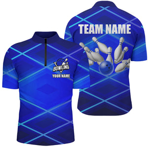 Mens bowling polo, 1/4 zip shirt Custom neon blue bowling team league jerseys, gifts for bowlers NQS7540