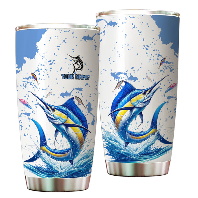1PC Personalized Blue and white Marlin Fishing Custom Name Marlin Fishing Tumbler Cup, Fishing gifts NQS9906