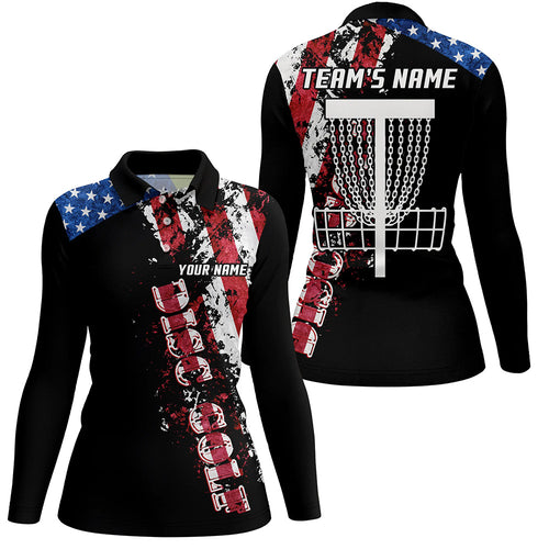 American flag patriotic Womens disc golf polo shirt custom team disc golf basket shirts | Black NQS5569