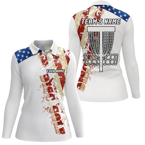 American flag patriotic Womens disc golf polo shirt custom team disc golf basket shirts | White NQS5570