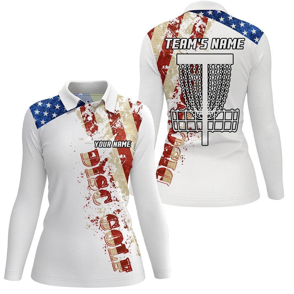 American flag patriotic Womens disc golf polo shirt custom team disc golf basket shirts | White NQS5570