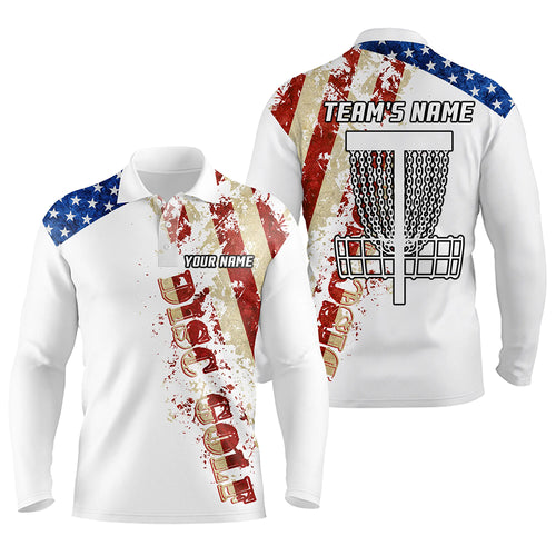 American flag patriotic Mens disc golf polo shirt custom team disc golf basket shirts | White NQS5570