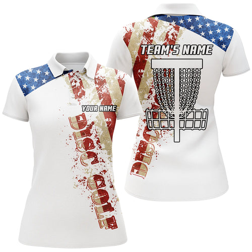 American flag patriotic Womens disc golf polo shirt custom team disc golf basket shirts | White NQS5570