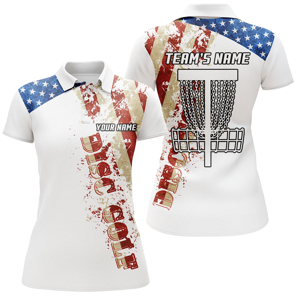 American flag patriotic Womens disc golf polo shirt custom team disc golf basket shirts | White NQS5570