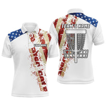 Load image into Gallery viewer, American flag patriotic Mens disc golf polo shirt custom team disc golf basket shirts | White NQS5570