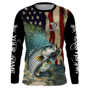 Striped Bass Striper Fishing American Flag Patriotic Custom Sun protection long sleeve fishing shirts NQS512