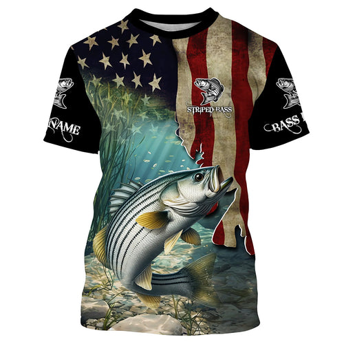 Striped Bass Striper Fishing American Flag Patriotic Custom Sun protection long sleeve fishing shirts NQS512