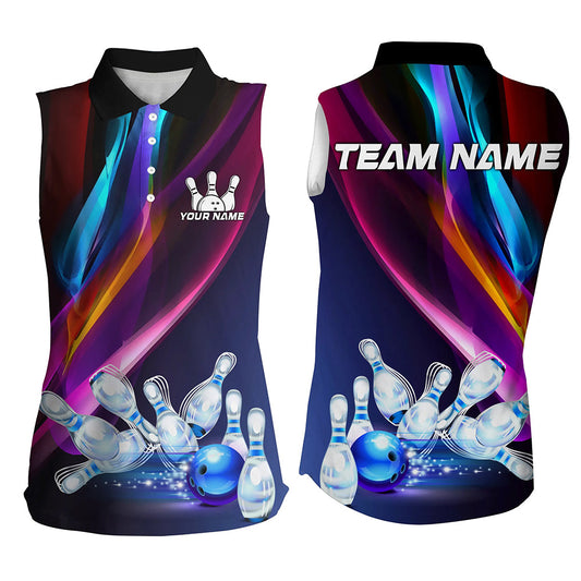 Colorful Lights Bowling Team jersey Custom Bowling Sleeveless Polo Shirt For Women, gift for bowlers NQS7939