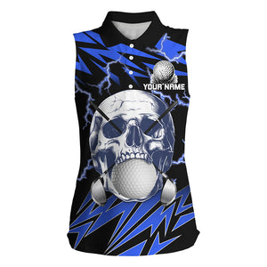 Blue lightning thunder skull Women sleeveless polo shirt custom ladies golf attire, cool golf gifts NQS8131