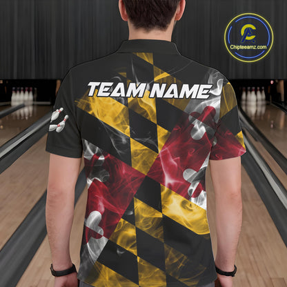 Smoke Maryland Flag Black Bowling Polo, 1/4 Zip shirt for men Custom patriotic Team bowling jersey NQS10322