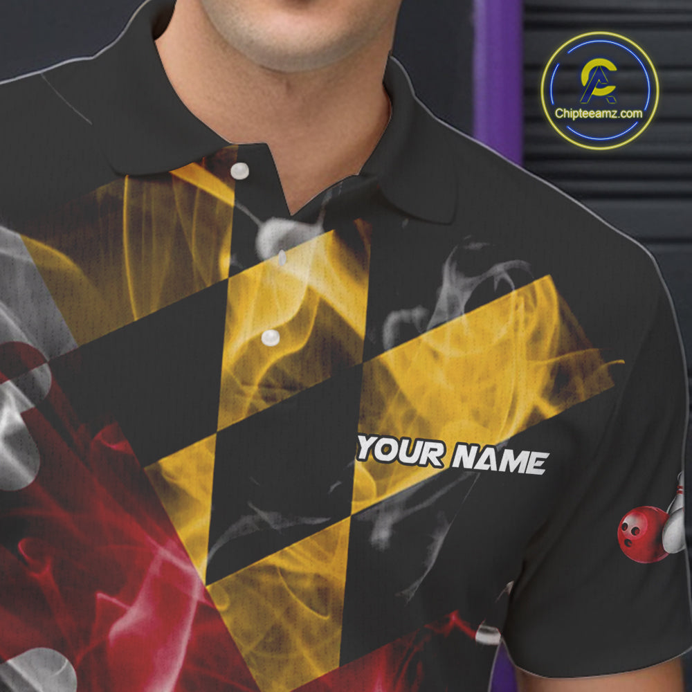 Smoke Maryland Flag Black Bowling Polo, 1/4 Zip shirt for men Custom patriotic Team bowling jersey NQS10322
