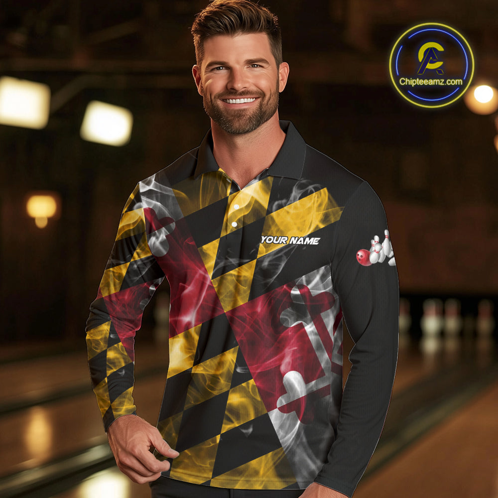 Smoke Maryland Flag Black Bowling Polo, 1/4 Zip shirt for men Custom patriotic Team bowling jersey NQS10322