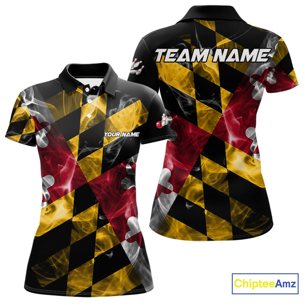 Smoke Maryland Flag Black Bowling Polo, 1/4 Zip shirt for Women Custom patriotic Team bowling jersey NQS10322