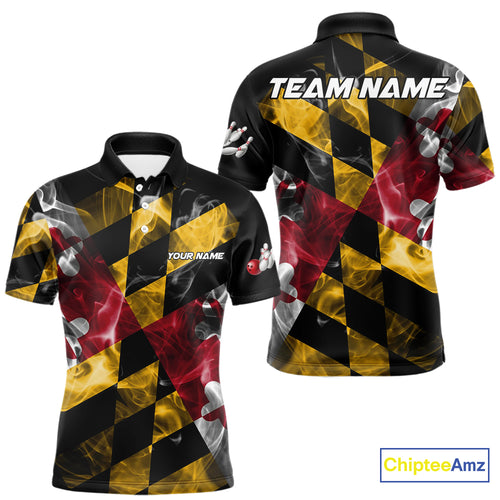 Smoke Maryland Flag Black Bowling Polo, 1/4 Zip shirt for men Custom patriotic Team bowling jersey NQS10322