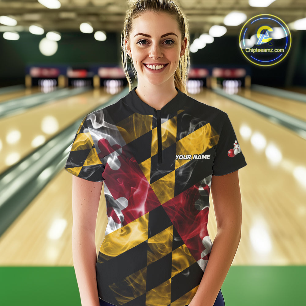 Smoke Maryland Flag Black Bowling Polo, 1/4 Zip shirt for Women Custom patriotic Team bowling jersey NQS10322