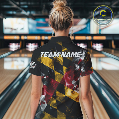Smoke Maryland Flag Black Bowling Polo, 1/4 Zip shirt for Women Custom patriotic Team bowling jersey NQS10322