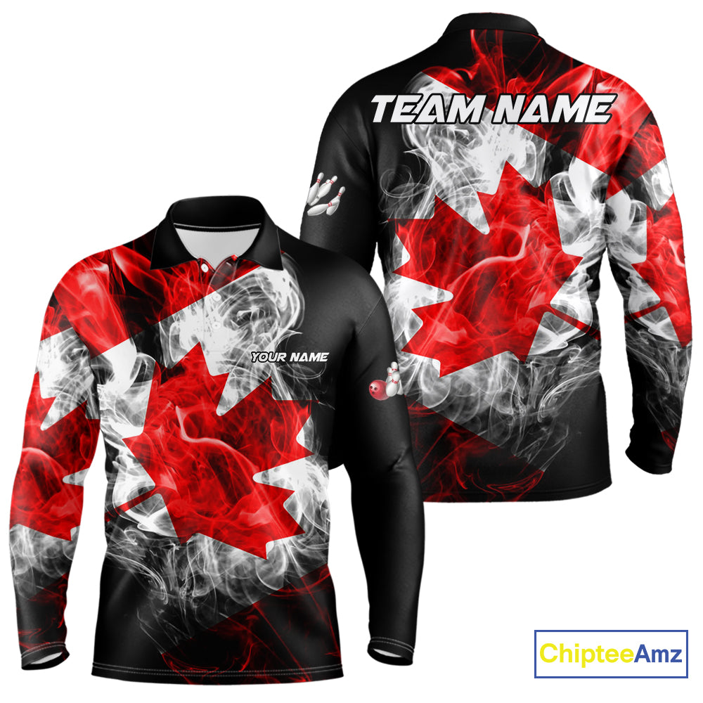 Smoke Canadian Flag Black Bowling Polo, 1/4 Zip shirt for men Custom patriotic Team bowling jersey NQS10323