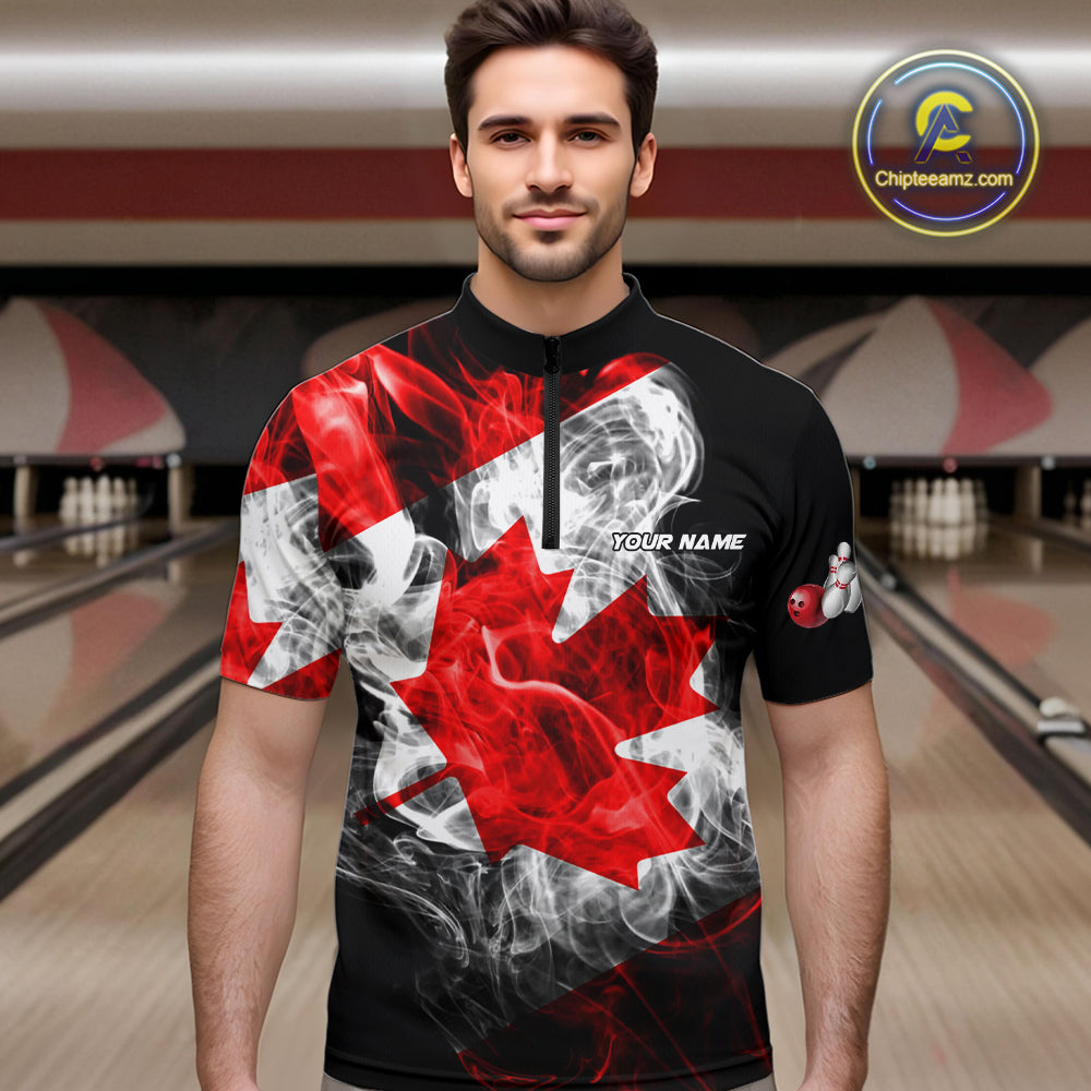 Smoke Canadian Flag Black Bowling Polo, 1/4 Zip shirt for men Custom patriotic Team bowling jersey NQS10323