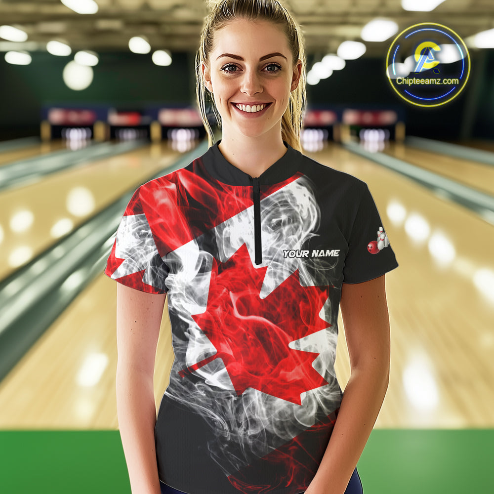 Smoke Canadian Flag Black Bowling Polo, 1/4 Zip shirt for Women Custom patriotic Team bowling jersey NQS10323