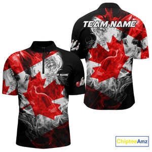Smoke Canadian Flag Black Bowling Polo, 1/4 Zip shirt for men Custom patriotic Team bowling jersey NQS10323