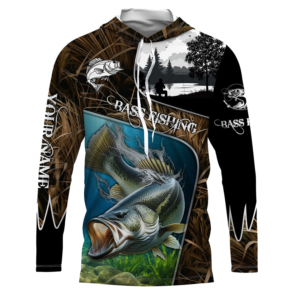 Largemouth Bass Fishing UV protection Customize name long sleeves fishing shirts for men, women, kid NQS753