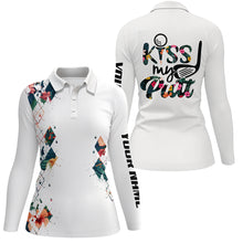 Load image into Gallery viewer, Tropical argyle pattern white Womens golf polo shirts custom name Kiss my putt women&#39;s golf tanks NQS6235