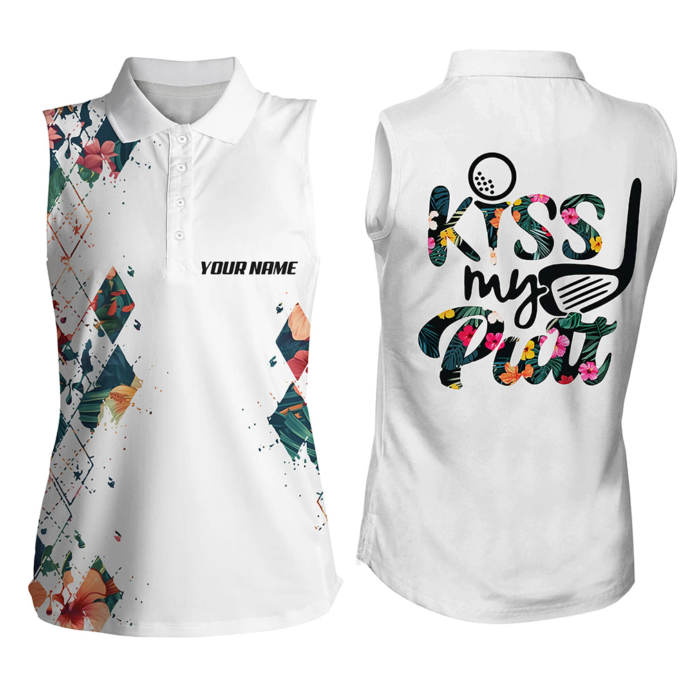 Tropical argyle pattern white Women sleeveless polo shirt custom Kiss my putt women's golf tanks NQS6235