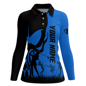 Womens golf polo shirts custom name skull golf black shirt jerseys, women golf tops | Blue NQS6240