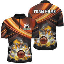 Load image into Gallery viewer, Personalized Black and Orange Smoke Flame Bowling Polo, 1/4 Zip Shirts For Men, cool bowling jerseys NQS8359