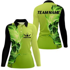 Custom Bowling Polo, Quarter Zip Shirts Women Green Flame Skull Team Bowling Jerseys Halloween Outfits NQS8363