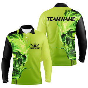 Custom Bowling Polo, Quarter Zip Shirts Men Green Flame Skull Team Bowling Jerseys Halloween Outfits NQS8363