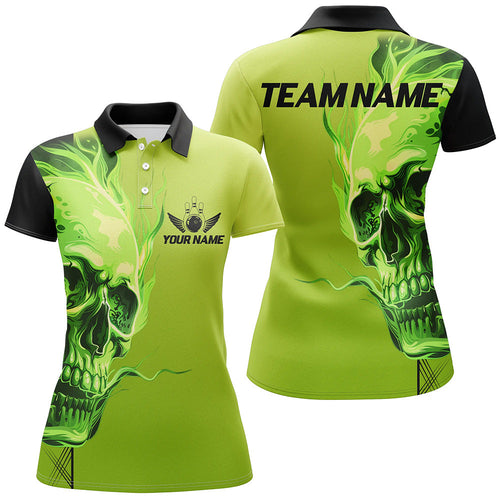 Custom Bowling Polo, Quarter Zip Shirts Women Green Flame Skull Team Bowling Jerseys Halloween Outfits NQS8363