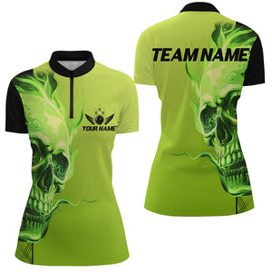 Custom Bowling Polo, Quarter Zip Shirts Women Green Flame Skull Team Bowling Jerseys Halloween Outfits NQS8363