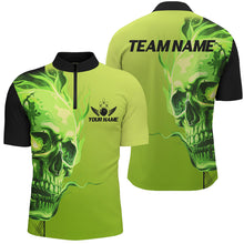 Load image into Gallery viewer, Custom Bowling Polo, Quarter Zip Shirts Men Green Flame Skull Team Bowling Jerseys Halloween Outfits NQS8363