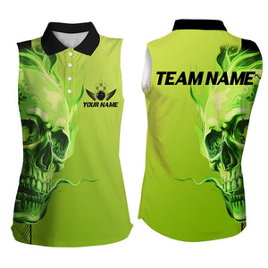 Custom Bowling Sleeveless Polo Shirts Women Green Flame Skull Team Bowling Jerseys Halloween Outfits NQS8363