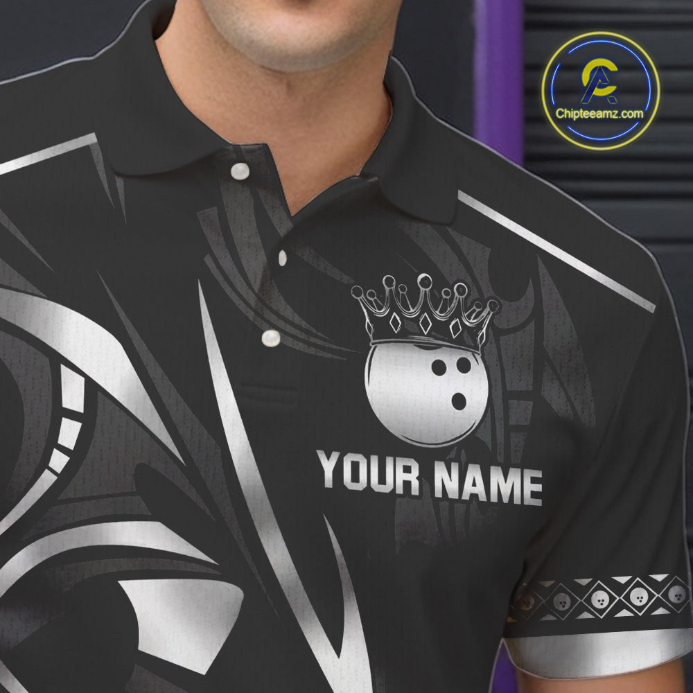 Black and Silver crown Bowling ball Polo, Quarter Zip Shirts for Men Custom Bowling Team jerseys NQS10537