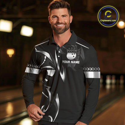 Black and Silver crown Bowling ball Polo, Quarter Zip Shirts for Men Custom Bowling Team jerseys NQS10537
