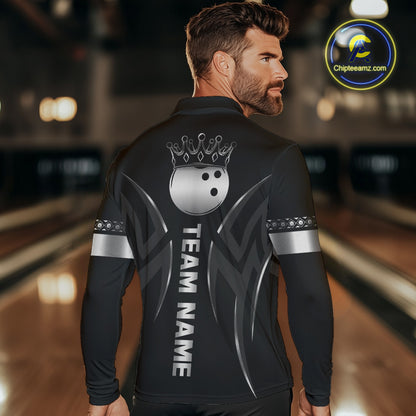 Black and Silver crown Bowling ball Polo, Quarter Zip Shirts for Men Custom Bowling Team jerseys NQS10537
