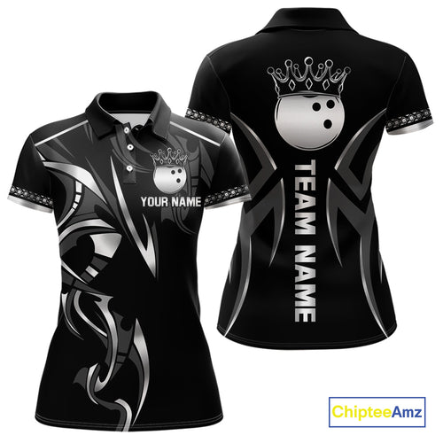 Black and Silver crown Bowling ball Polo, Quarter Zip Shirts for Women Custom Bowling Team jerseys NQS10537