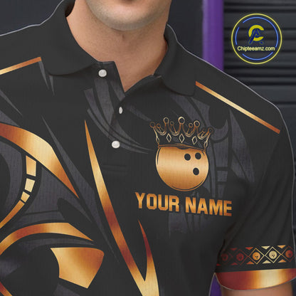 Black and Orange crown Bowling ball Polo, Quarter Zip Shirts for Men Custom Bowling Team jerseys NQS10538