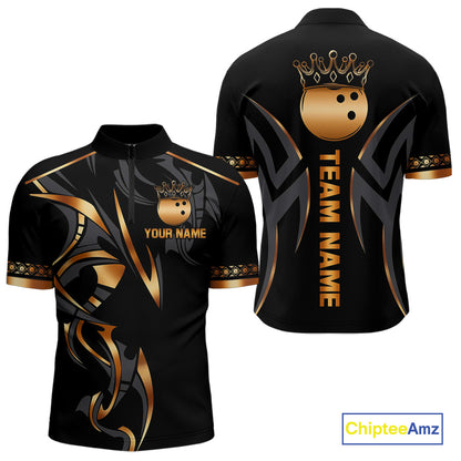 Black and Orange crown Bowling ball Polo, Quarter Zip Shirts for Men Custom Bowling Team jerseys NQS10538