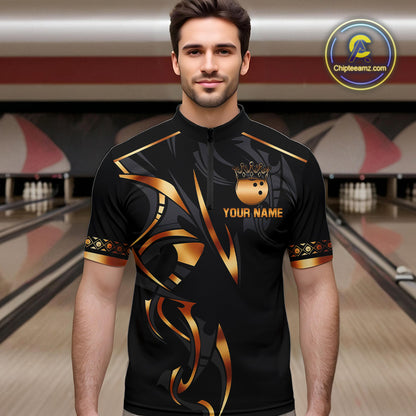 Black and Orange crown Bowling ball Polo, Quarter Zip Shirts for Men Custom Bowling Team jerseys NQS10538