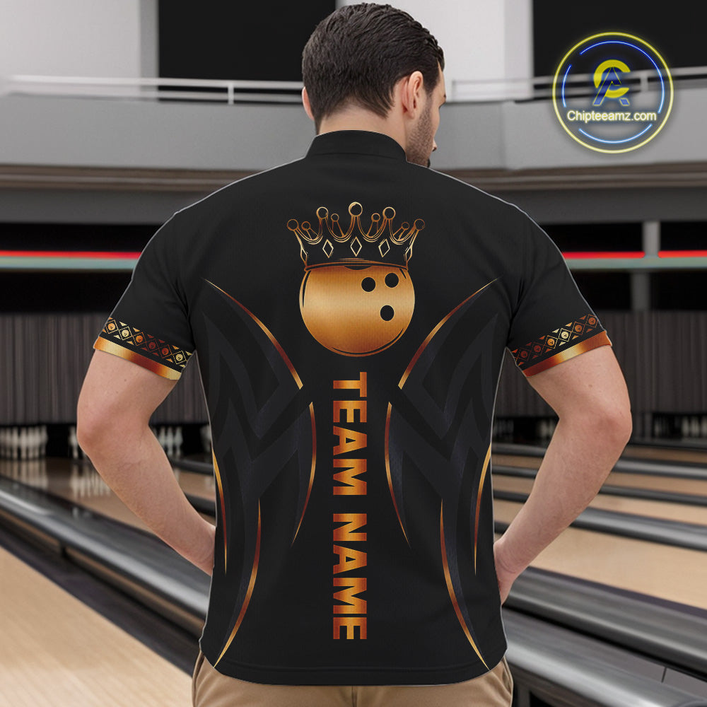 Black and Orange crown Bowling ball Polo, Quarter Zip Shirts for Men Custom Bowling Team jerseys NQS10538