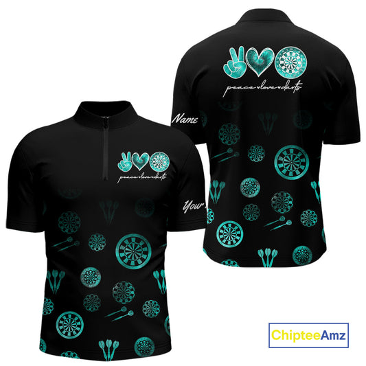 Personalized Turquoise Black Camo Darts Shirts For Men Custom Peace Love Darts Team Jerseys NQS10542
